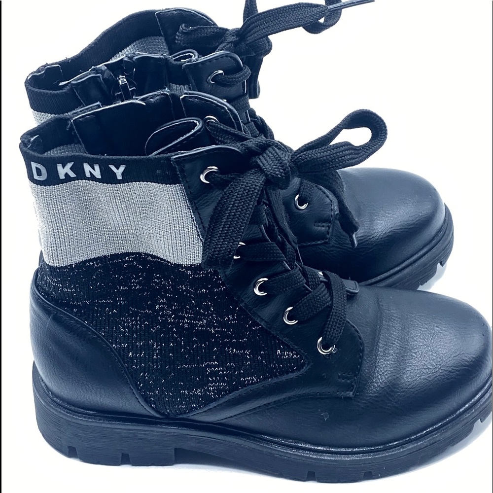 DKNY Black Metallic Sock Style Kids Combat Zip Bootie